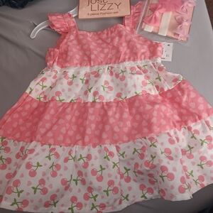 Girls Size 12 Month, Just Lizzy Pink and White Cherry Dress With Hair Accessorie